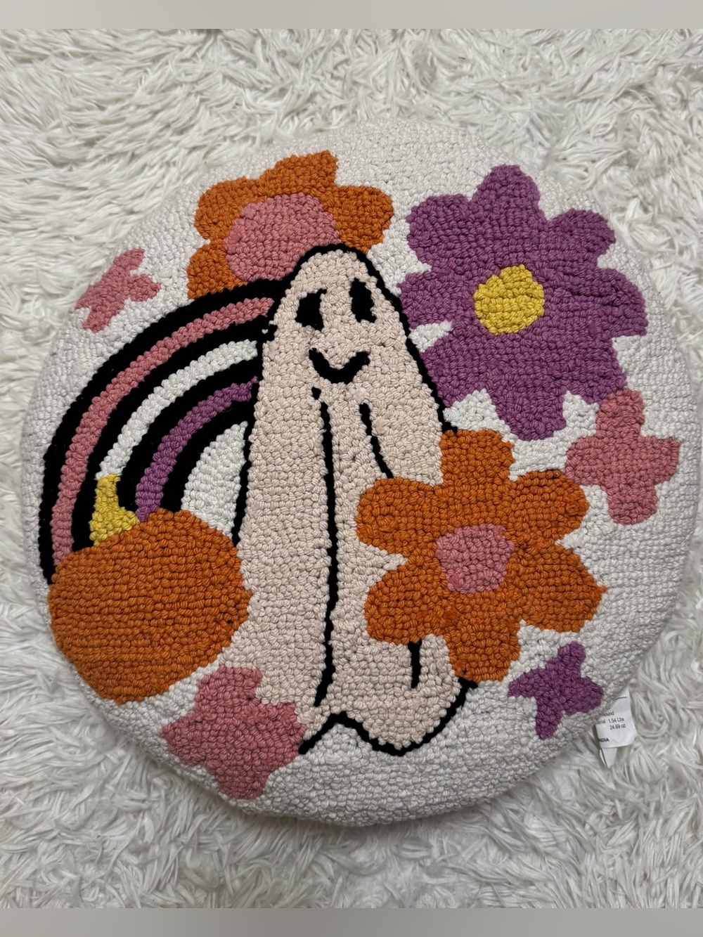 Floral Ghost Pillow - White with Orange & Purple Halloween Pillow
